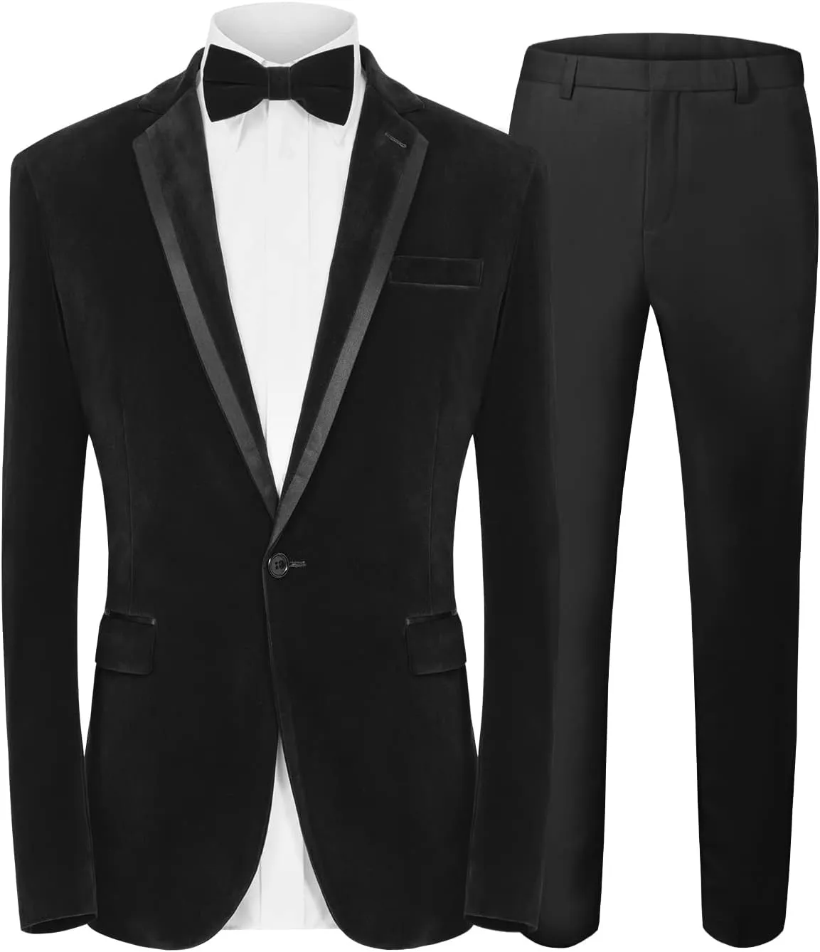 MAGE MALE Men's 2 Piece Velvet Suit Peak Lapel One Button Slim Fit Tuxedo Blazer Party Dinner Jacket & Pants