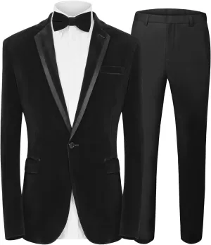 MAGE MALE Men's 2 Piece Velvet Suit Peak Lapel One Button Slim Fit Tuxedo Blazer Party Dinner Jacket & Pants