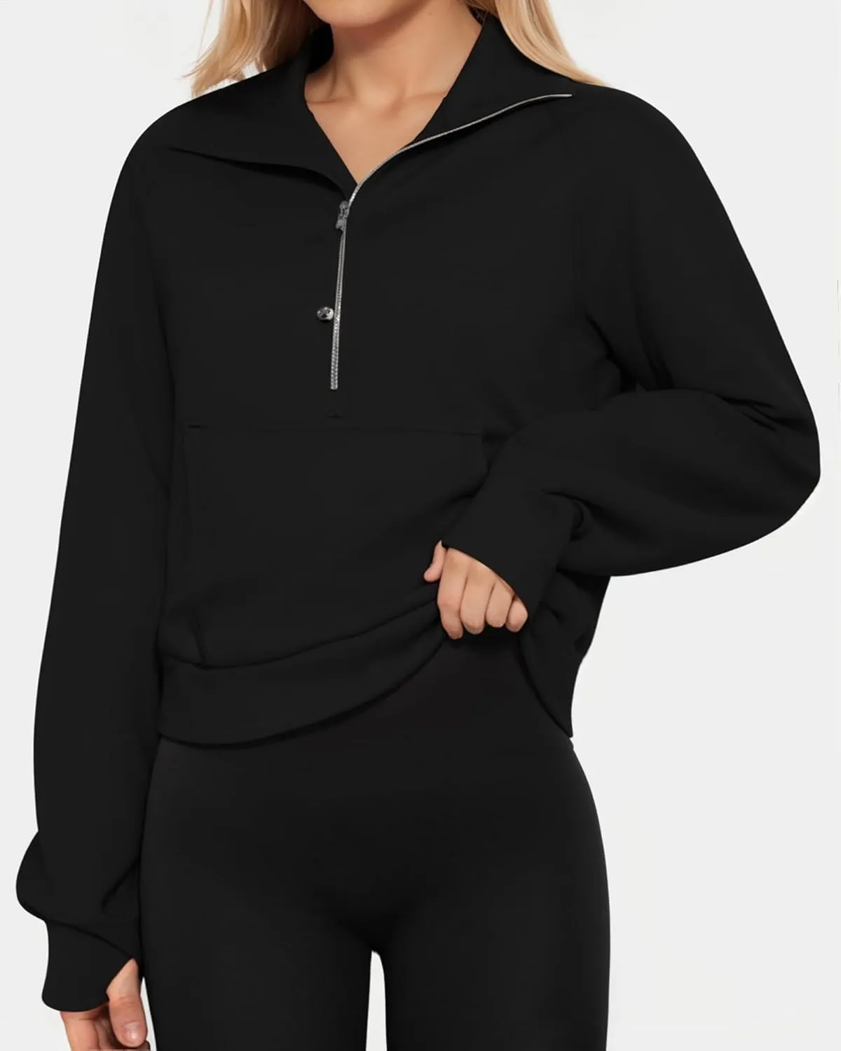 MANGOPOP Quarter Zip Pullover Women Sweatshirts Hoodies with Thumb Holes 2 Kangaroo Pockets Half Zip Cropped Clothes