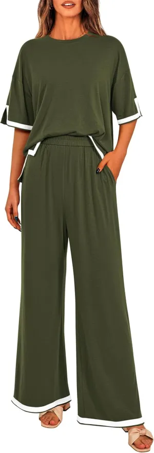 MASCOMODA Womens Summer 2 Piece Outfits Crewneck Short Sleeve Tops Wide Leg Long Pants Travel Matching Lounge Sets Tracksuit