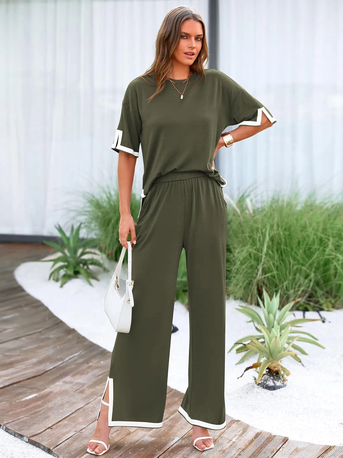 MASCOMODA Womens Summer 2 Piece Outfits Crewneck Short Sleeve Tops Wide Leg Long Pants Travel Matching Lounge Sets Tracksuit
