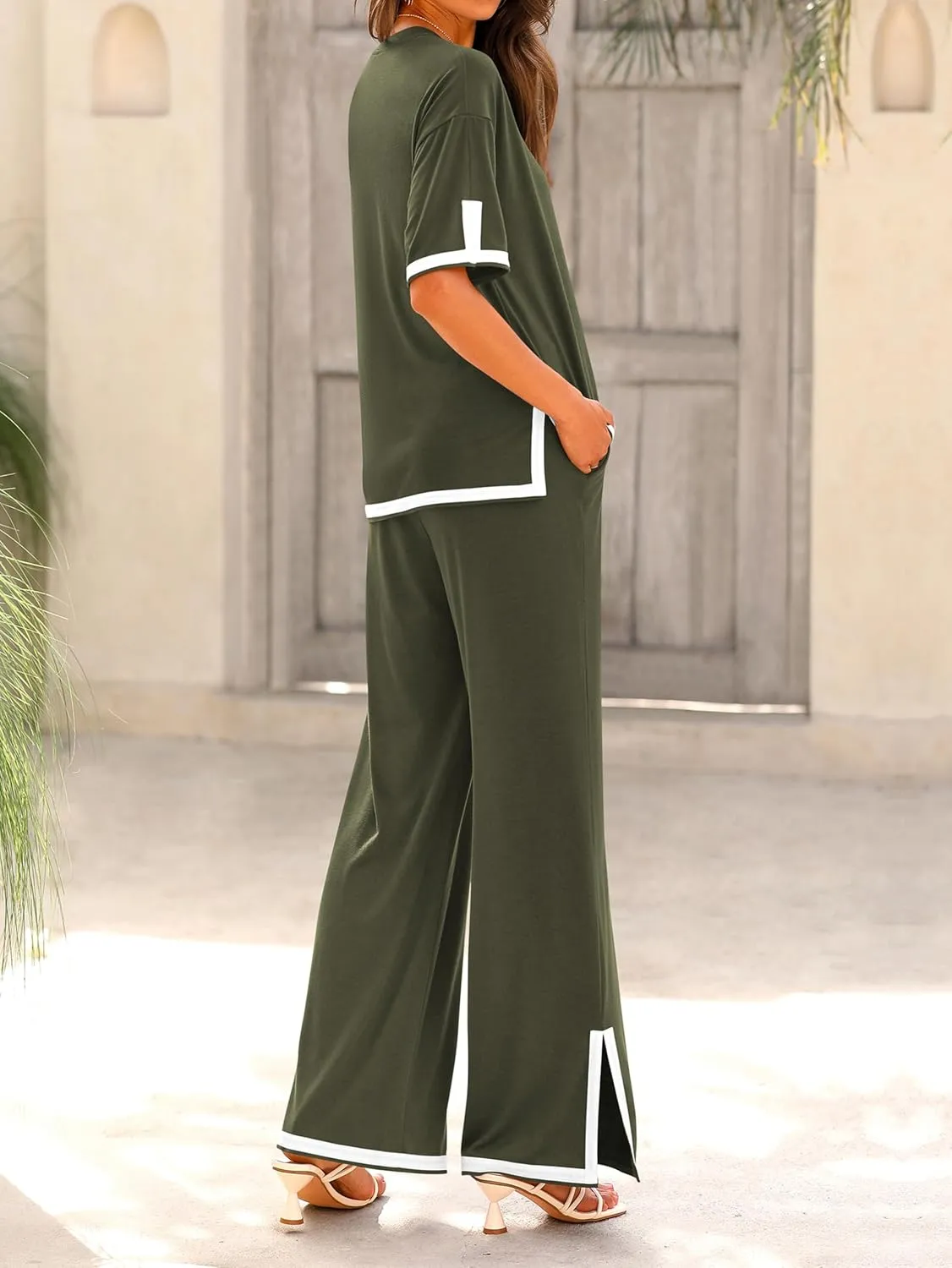 MASCOMODA Womens Summer 2 Piece Outfits Crewneck Short Sleeve Tops Wide Leg Long Pants Travel Matching Lounge Sets Tracksuit