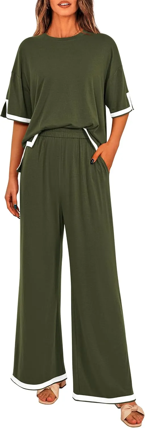 MASCOMODA Womens Summer 2 Piece Outfits Crewneck Short Sleeve Tops Wide Leg Long Pants Travel Matching Lounge Sets Tracksuit