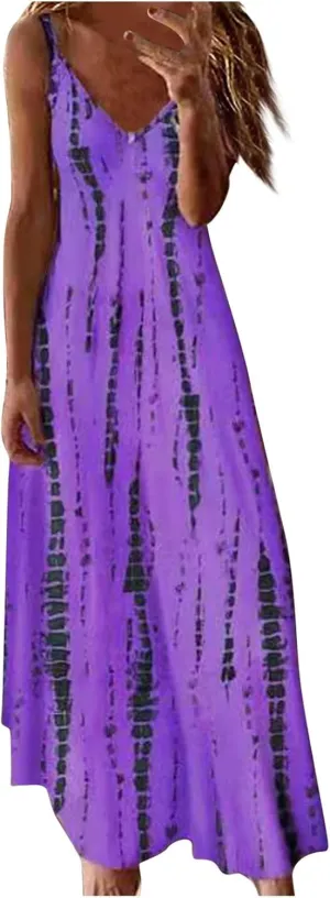 Maxi Dresses for Women,2024 Summer Trendy Floral Print Sling Sundress,Casual V Neck Flowy Ruched Boho Beach Dress