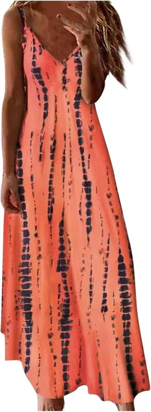 Maxi Dresses for Women,2024 Summer Trendy Floral Print Sling Sundress,Casual V Neck Flowy Ruched Boho Beach Dress