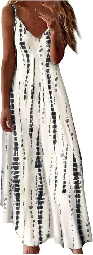 Maxi Dresses for Women,2024 Summer Trendy Floral Print Sling Sundress,Casual V Neck Flowy Ruched Boho Beach Dress