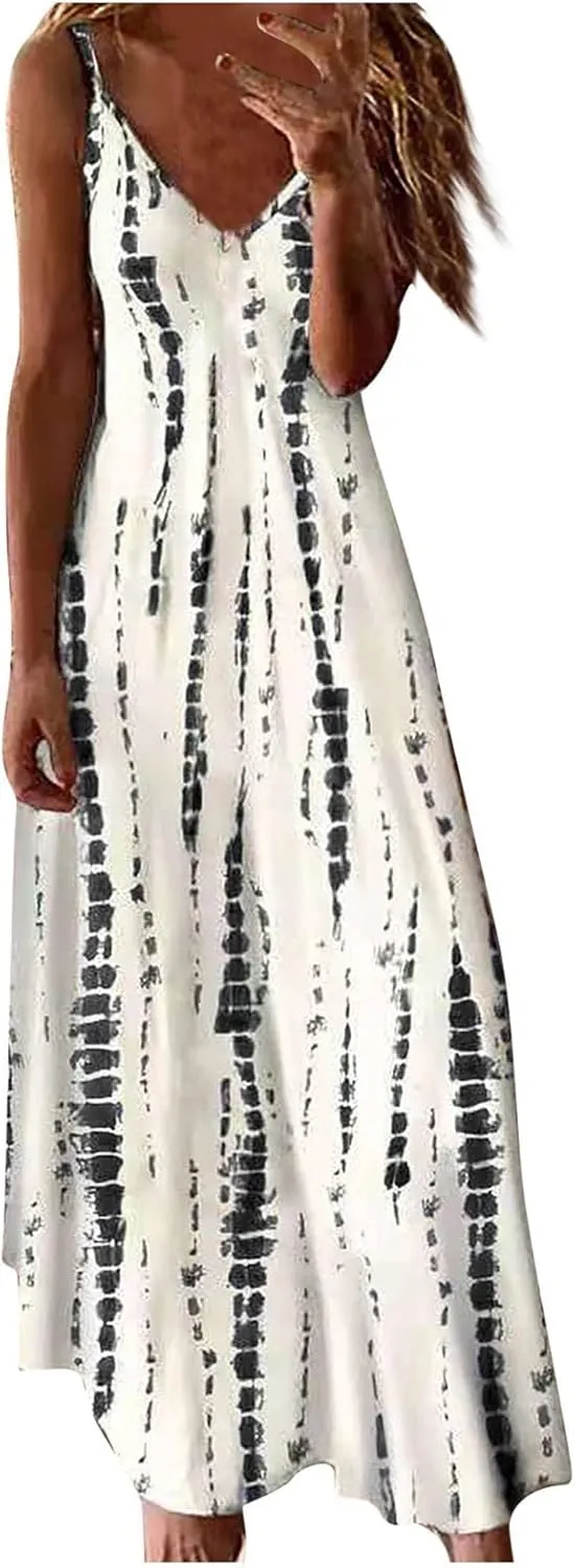 Maxi Dresses for Women,2024 Summer Trendy Floral Print Sling Sundress,Casual V Neck Flowy Ruched Boho Beach Dress