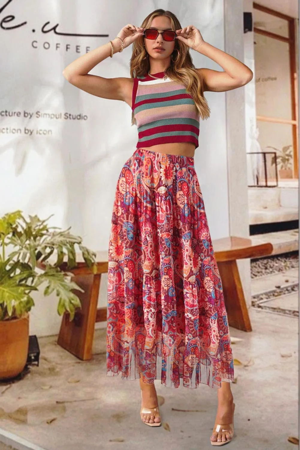 Maxi Skirts for Women Pleated Long Flowy Chiffon Elastic Waist Tiered A Line Skirt