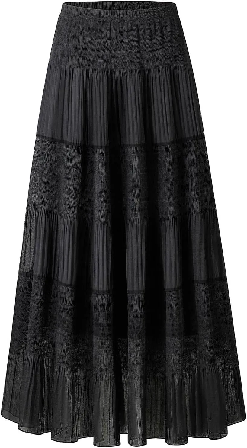 Maxi Skirts for Women Pleated Long Flowy Chiffon Elastic Waist Tiered A Line Skirt