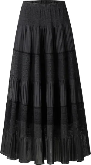 Maxi Skirts for Women Pleated Long Flowy Chiffon Elastic Waist Tiered A Line Skirt