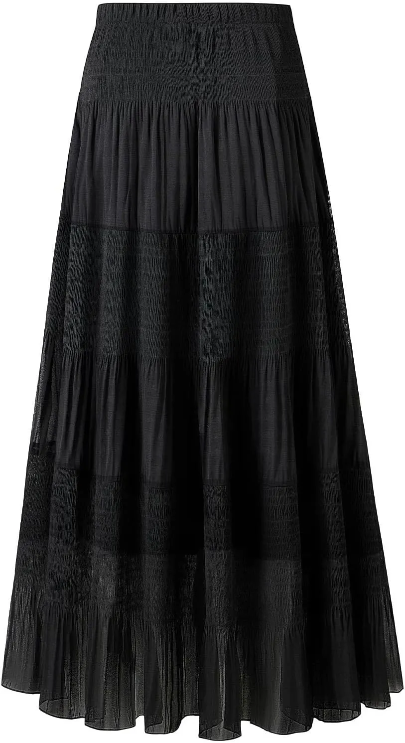 Maxi Skirts for Women Pleated Long Flowy Chiffon Elastic Waist Tiered A Line Skirt