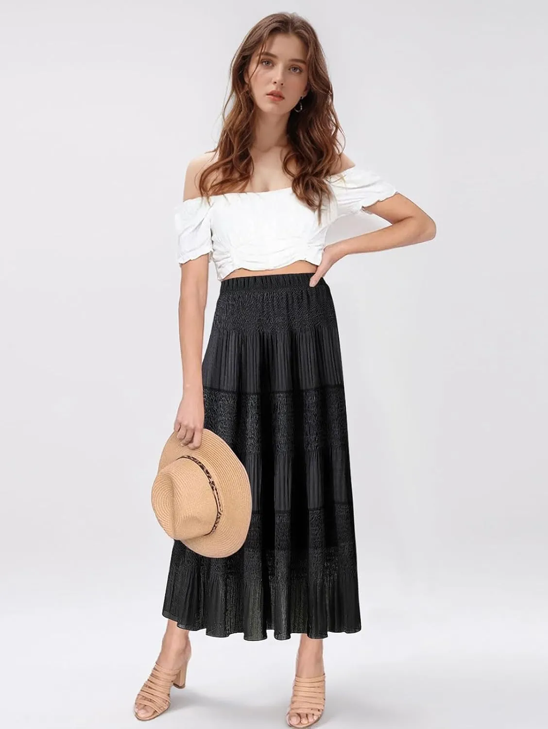 Maxi Skirts for Women Pleated Long Flowy Chiffon Elastic Waist Tiered A Line Skirt