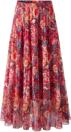 Maxi Skirts for Women Pleated Long Flowy Chiffon Elastic Waist Tiered A Line Skirt