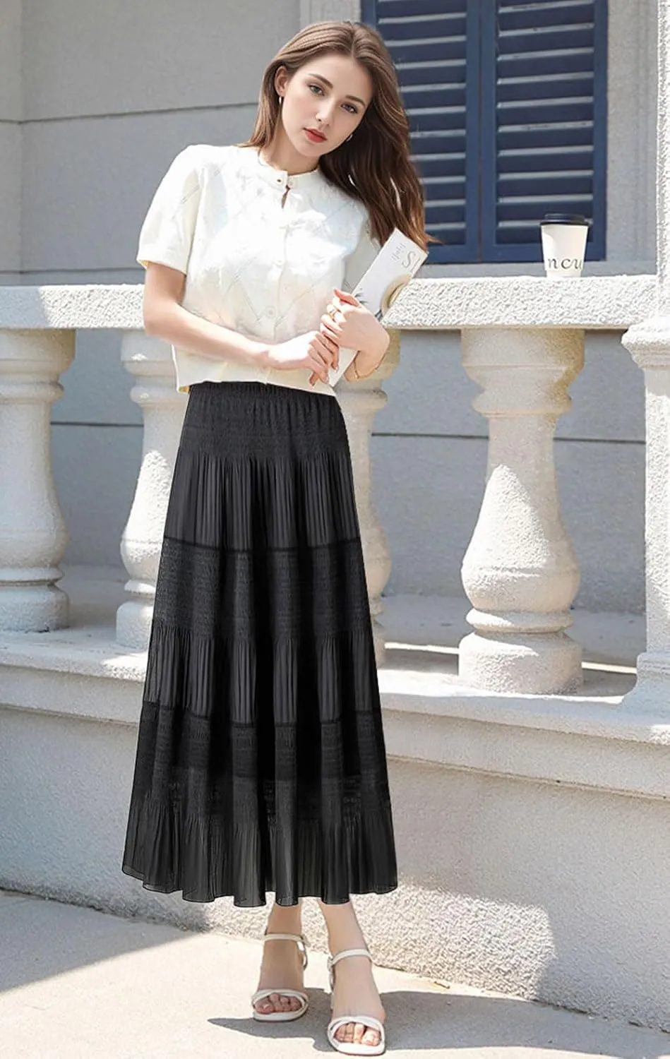 Maxi Skirts for Women Pleated Long Flowy Chiffon Elastic Waist Tiered A Line Skirt