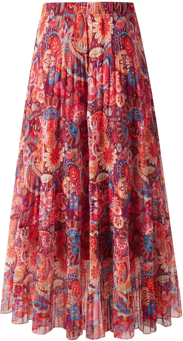 Maxi Skirts for Women Pleated Long Flowy Chiffon Elastic Waist Tiered A Line Skirt