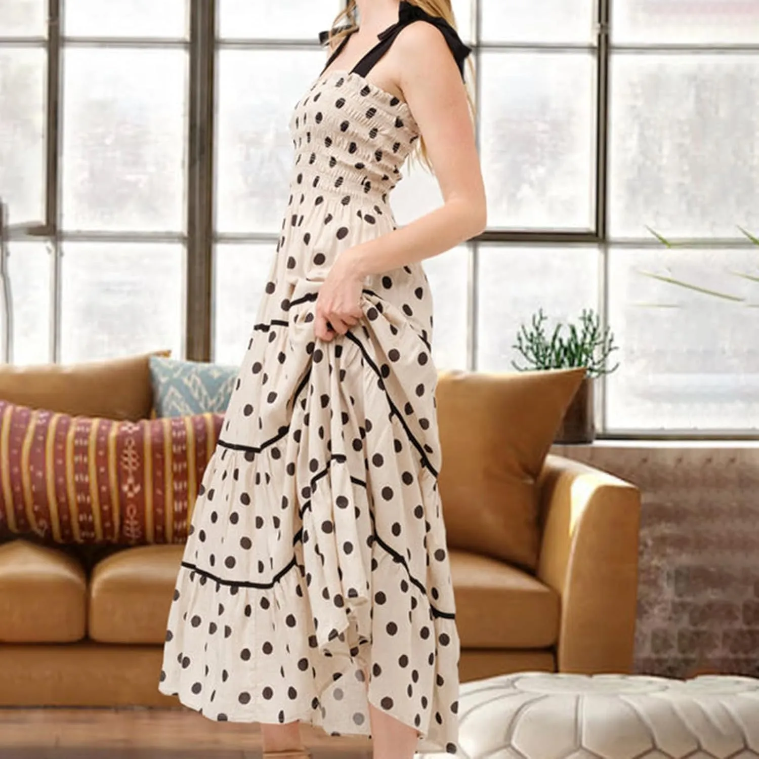 Meiweileya Tie Shoulder Smocked Maxi Dress for Women Square Neck Floral Printed Ruffle Long Dress Y2k Tiered Boho Sundress