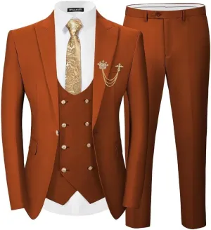 Men 3 Pieces Suits Slim Fit Wedding Prom Solid Blazer Double Breasted Vest and Pants Gold Button Tuxedo Set