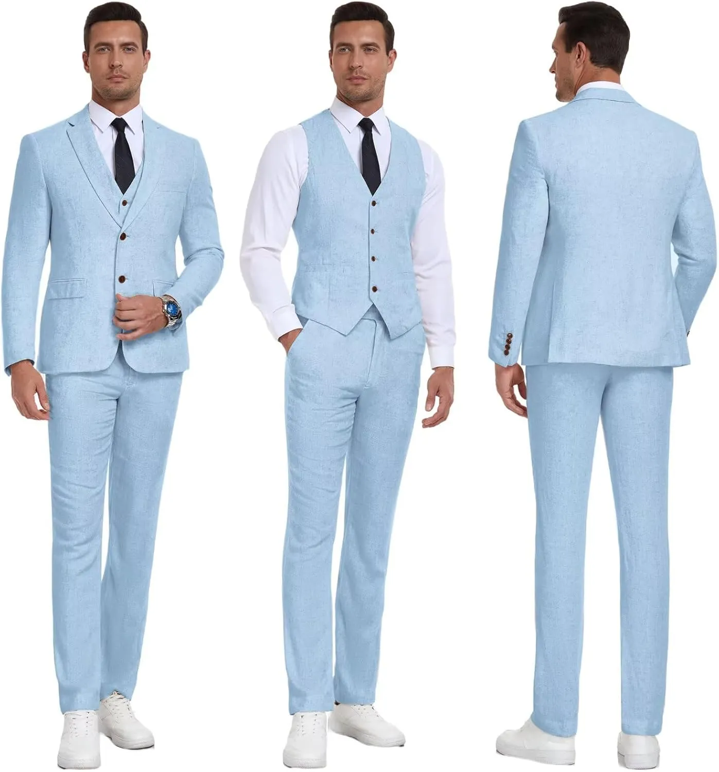Men Suits Linen Beach Wedding Suits 3 Piece Groomsmen Attire Linen Blazer Vest Pant Prom Tuxedo