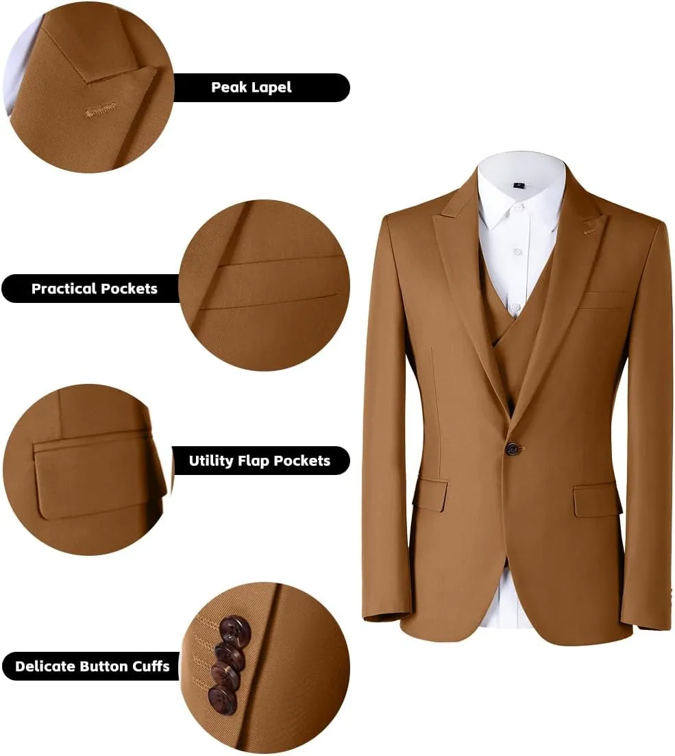 Mens 3 Piece Slim Fit Suit Set, Double Breasted Blazer Vest Pants Business Tuxedo Dress