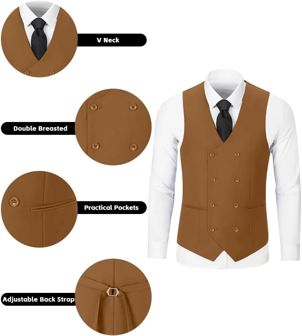 Mens 3 Piece Slim Fit Suit Set, Double Breasted Blazer Vest Pants Business Tuxedo Dress