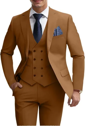 Mens 3 Piece Slim Fit Suit Set, Double Breasted Blazer Vest Pants Business Tuxedo Dress