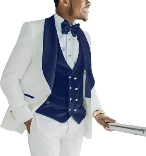 Men's 3 Piece Slim Fit Suits Jacquard Blazer Jacket Shawl Lapel Velvet Vest Classic White Pant Wedding Men Suit