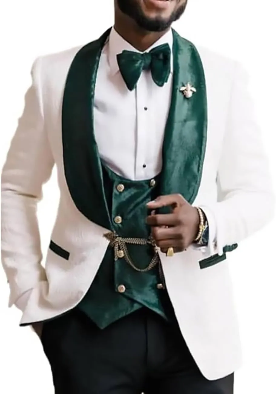 Men's 3 Piece Slim Fit Suits Jacquard Blazer Jacket Shawl Lapel Velvet Vest Classic White Pant Wedding Men Suit