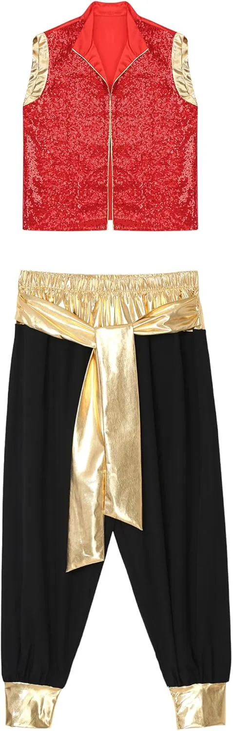 Mens Halloween Arabian Prince Costume Sparkly Sequin Open Front Waistcoat with Harem Pants