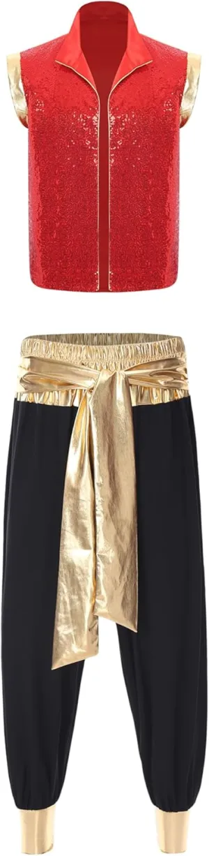 Mens Halloween Arabian Prince Costume Sparkly Sequin Open Front Waistcoat with Harem Pants