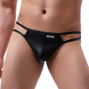 Men's Jockstrap Underwear Faux Leather Thong Underwear G-String with Pouch Cut Out Strap Low Rise Brief