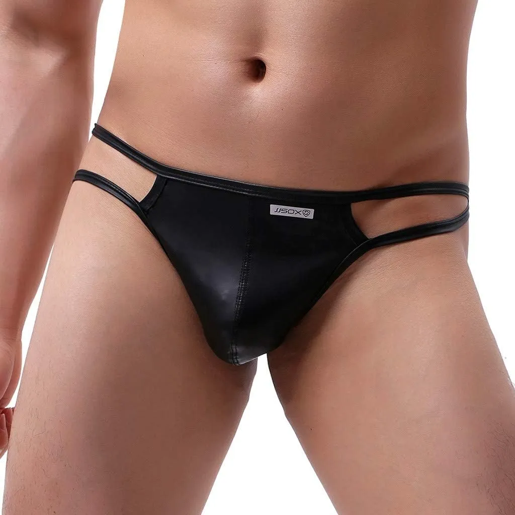 Men's Jockstrap Underwear Faux Leather Thong Underwear G-String with Pouch Cut Out Strap Low Rise Brief