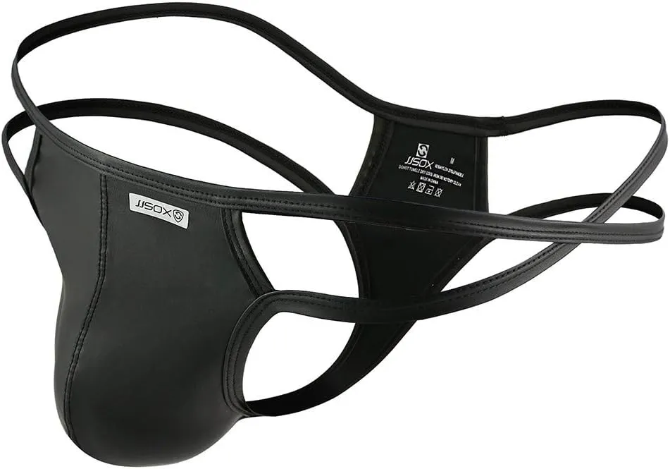 Men's Jockstrap Underwear Faux Leather Thong Underwear G-String with Pouch Cut Out Strap Low Rise Brief