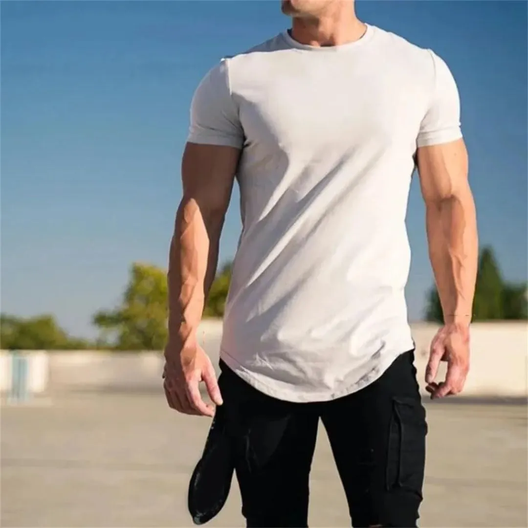 Mens Muscle Fitness T Shirt Summer Cotton Short Sleeve Gym Workout Athleisure Sport Top