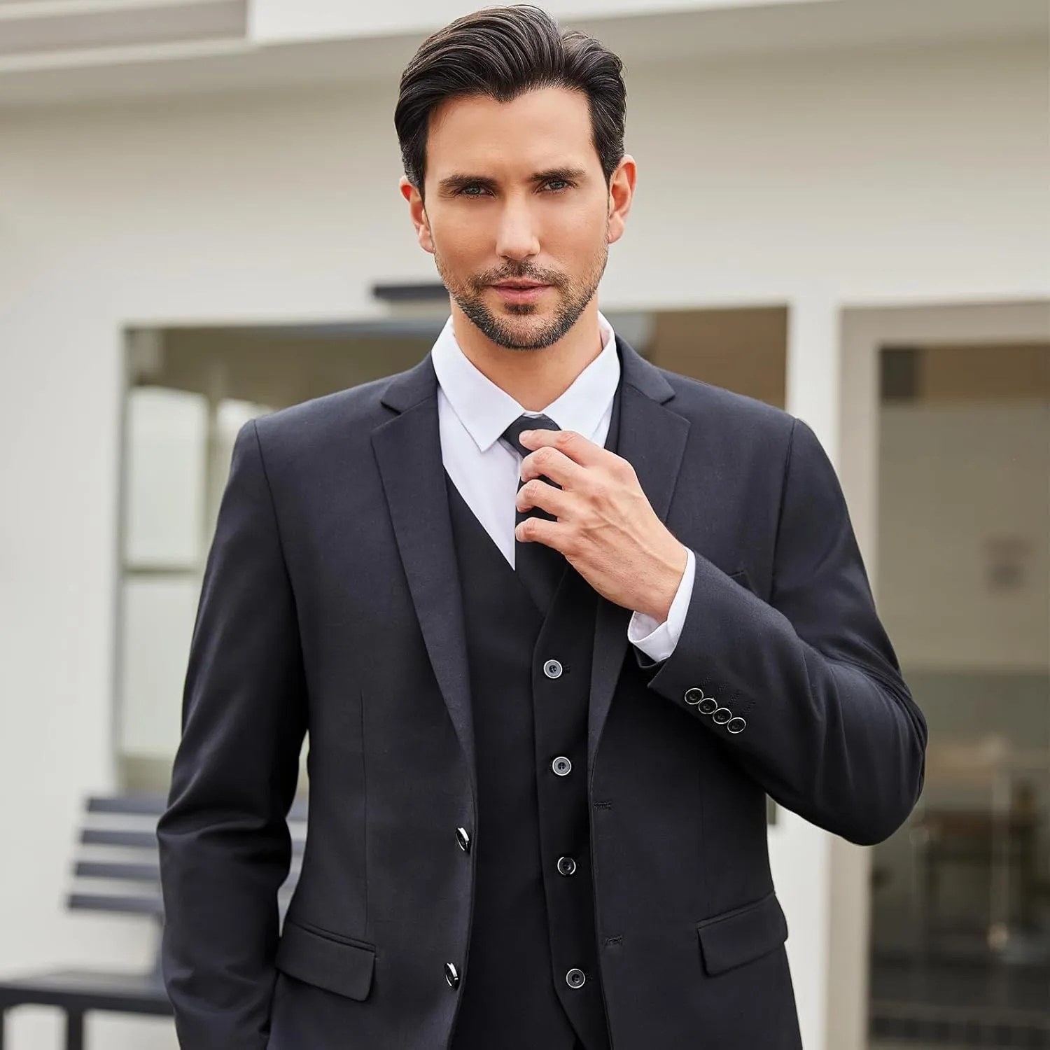 Men's Slim Fit 3 Piece Suits Set, Formal Business 2 Buttons Blazer Jacket Vest Pants with Tie & Bow Tie