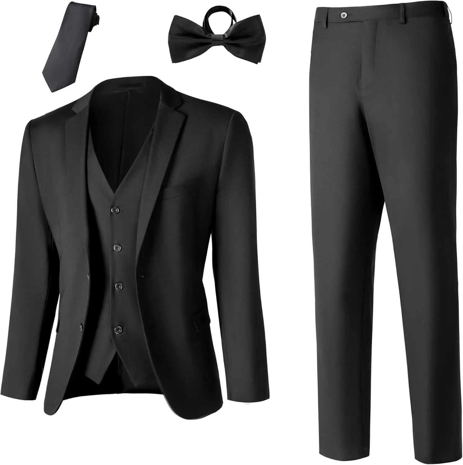 Men's Slim Fit 3 Piece Suits Set, Formal Business 2 Buttons Blazer Jacket Vest Pants with Tie & Bow Tie