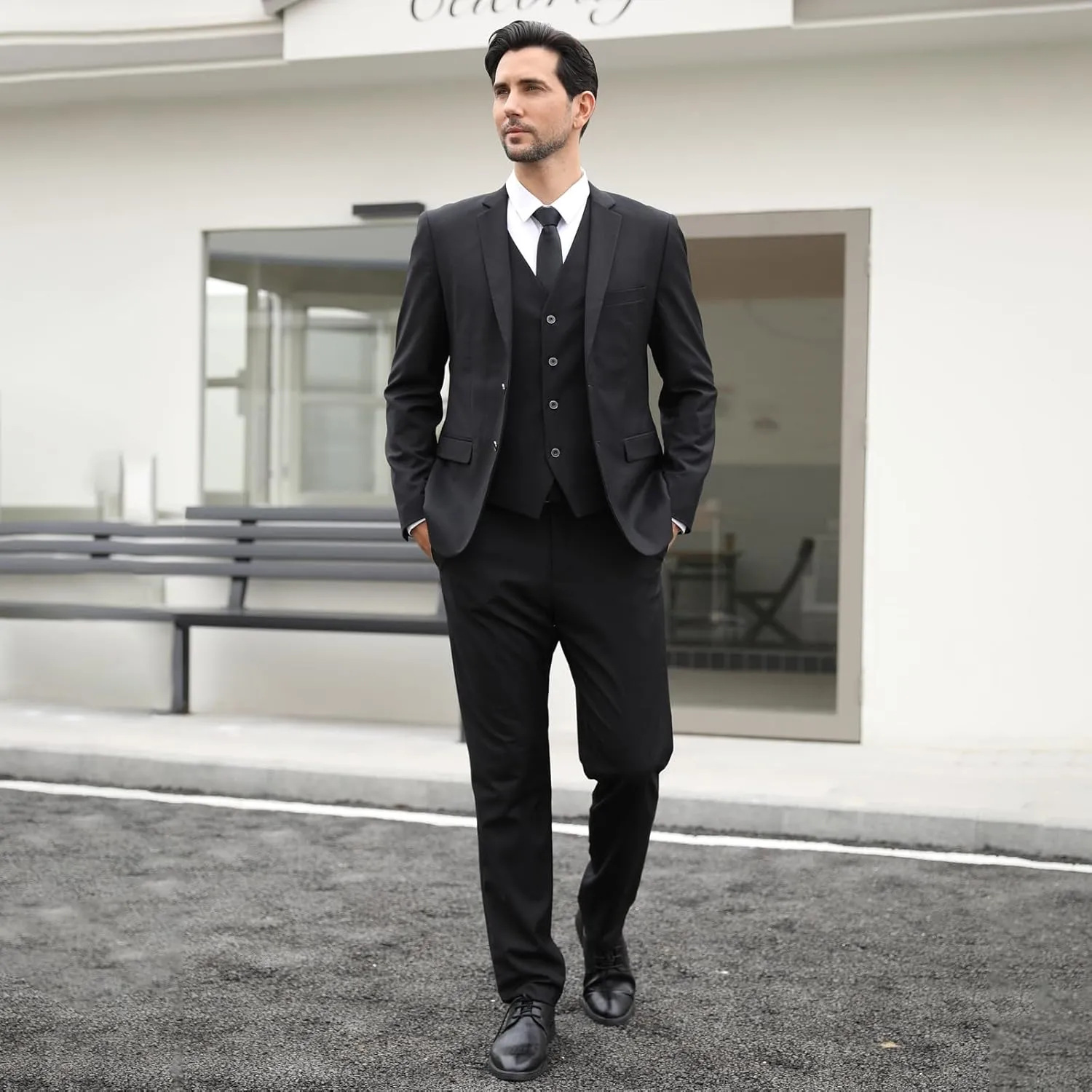 Men's Slim Fit 3 Piece Suits Set, Formal Business 2 Buttons Blazer Jacket Vest Pants with Tie & Bow Tie