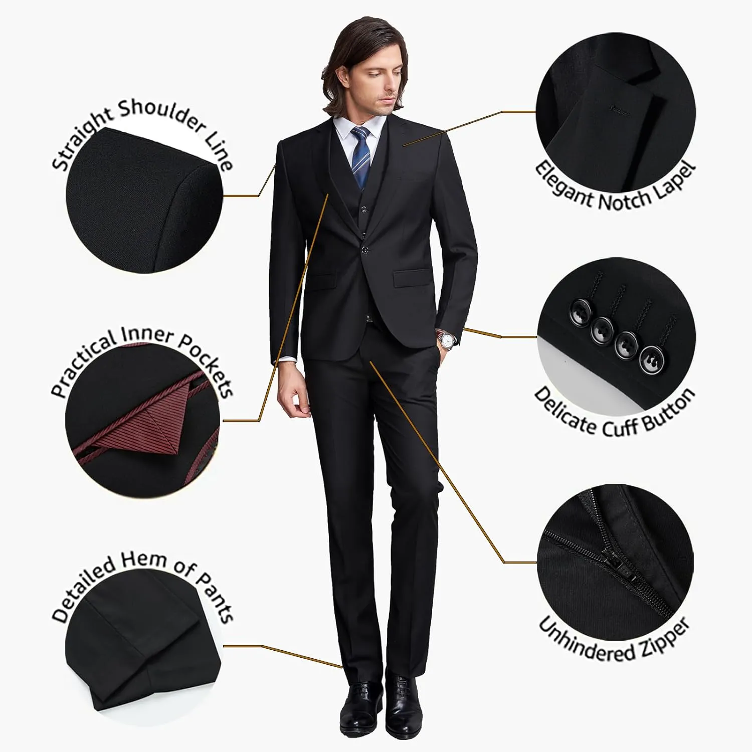 Mens Suit Slim Fit, 3 Piece Suit for Men, One Button Solid Jacket Vest Pants with Tie, Tuxedo Set