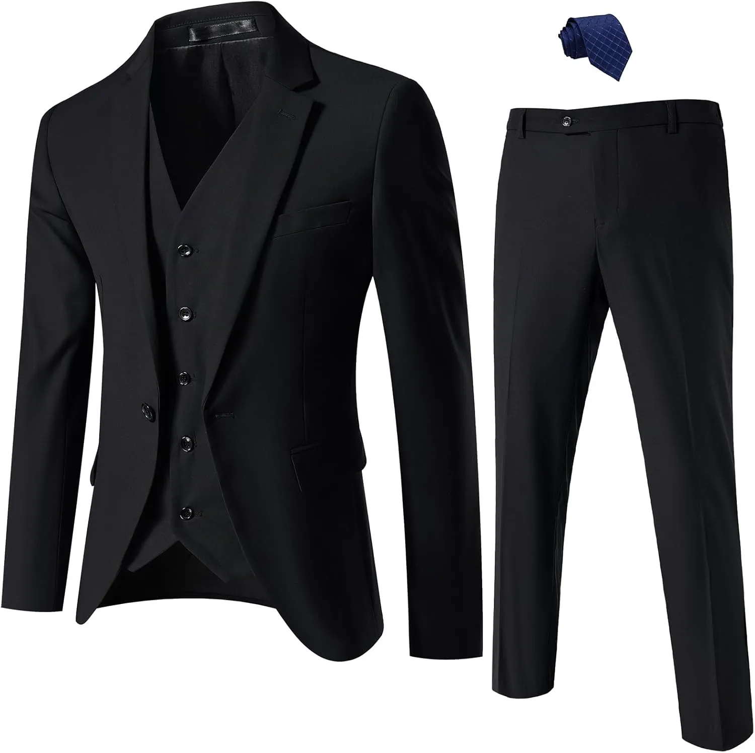 Mens Suit Slim Fit, 3 Piece Suit for Men, One Button Solid Jacket Vest Pants with Tie, Tuxedo Set