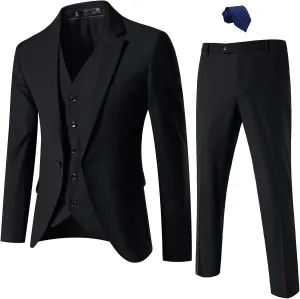 Mens Suit Slim Fit, 3 Piece Suit for Men, One Button Solid Jacket Vest Pants with Tie, Tuxedo Set