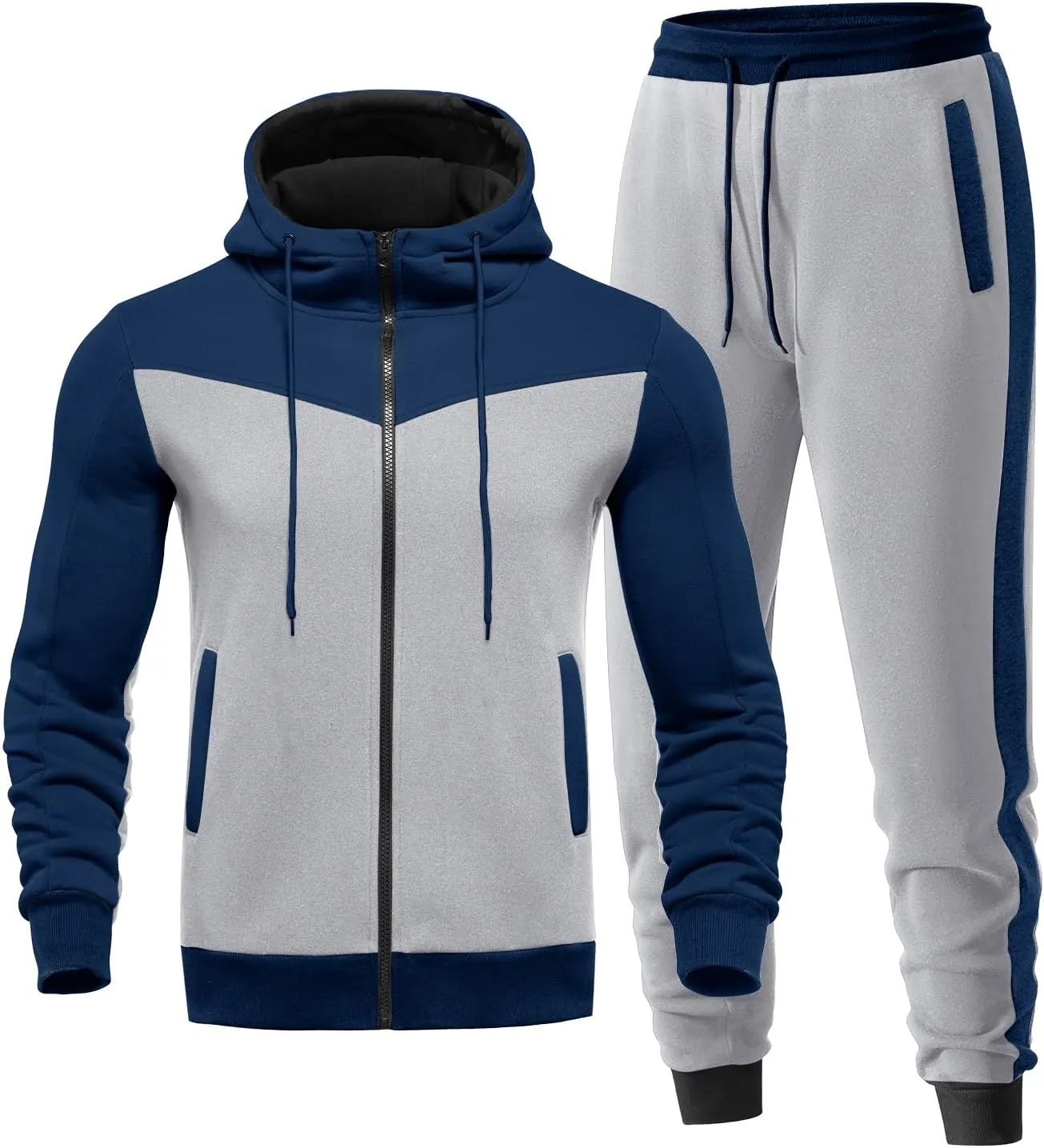 Men's Sweatsuit 2 Pieces Set Casual Jogging Athletic Hooded Tracksuit Full Zip Color Blocks Long Sleeve Outfit