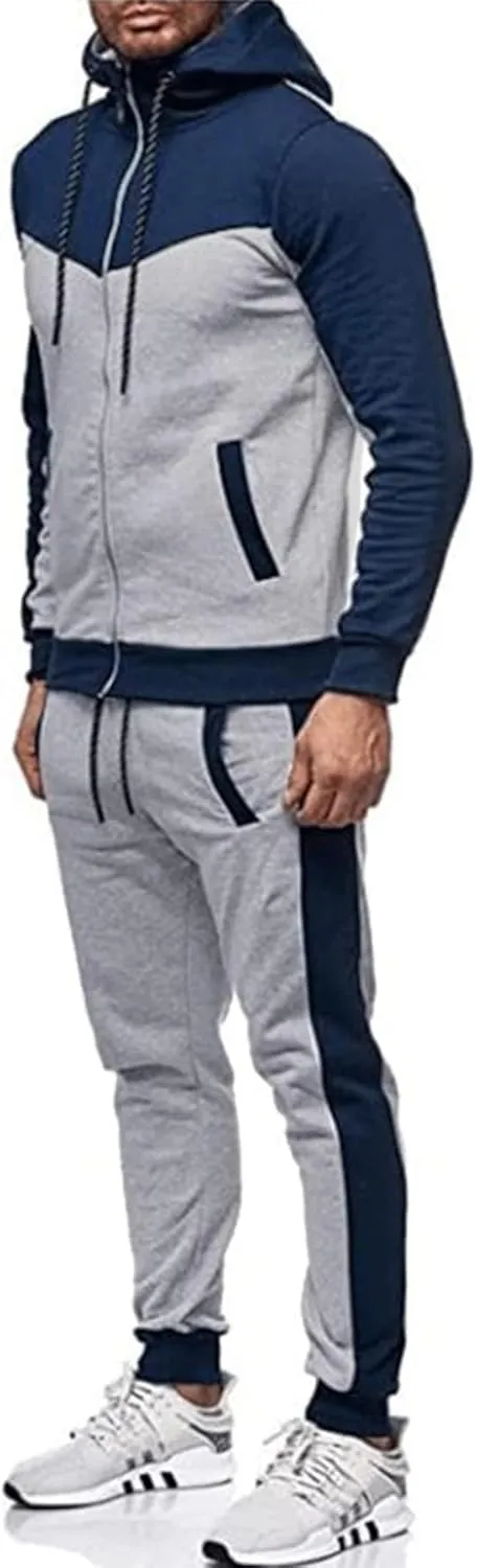 Men's Sweatsuit 2 Pieces Set Casual Jogging Athletic Hooded Tracksuit Full Zip Color Blocks Long Sleeve Outfit