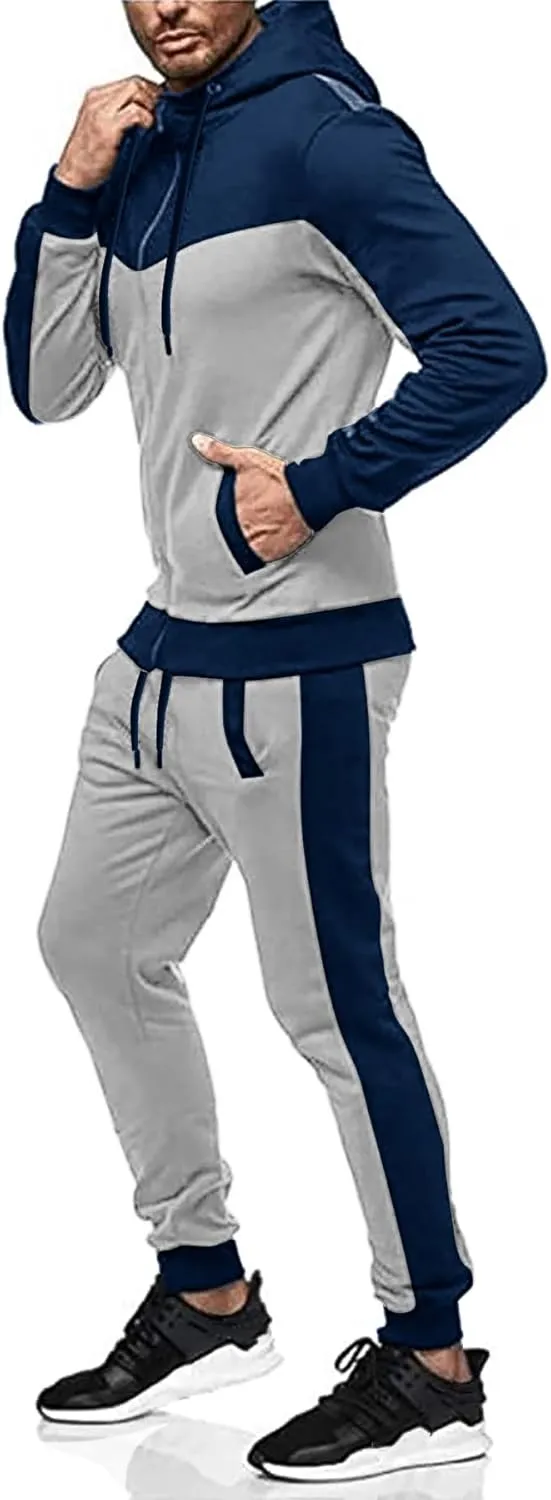 Men's Sweatsuit 2 Pieces Set Casual Jogging Athletic Hooded Tracksuit Full Zip Color Blocks Long Sleeve Outfit