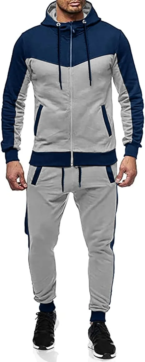 Men's Sweatsuit 2 Pieces Set Casual Jogging Athletic Hooded Tracksuit Full Zip Color Blocks Long Sleeve Outfit