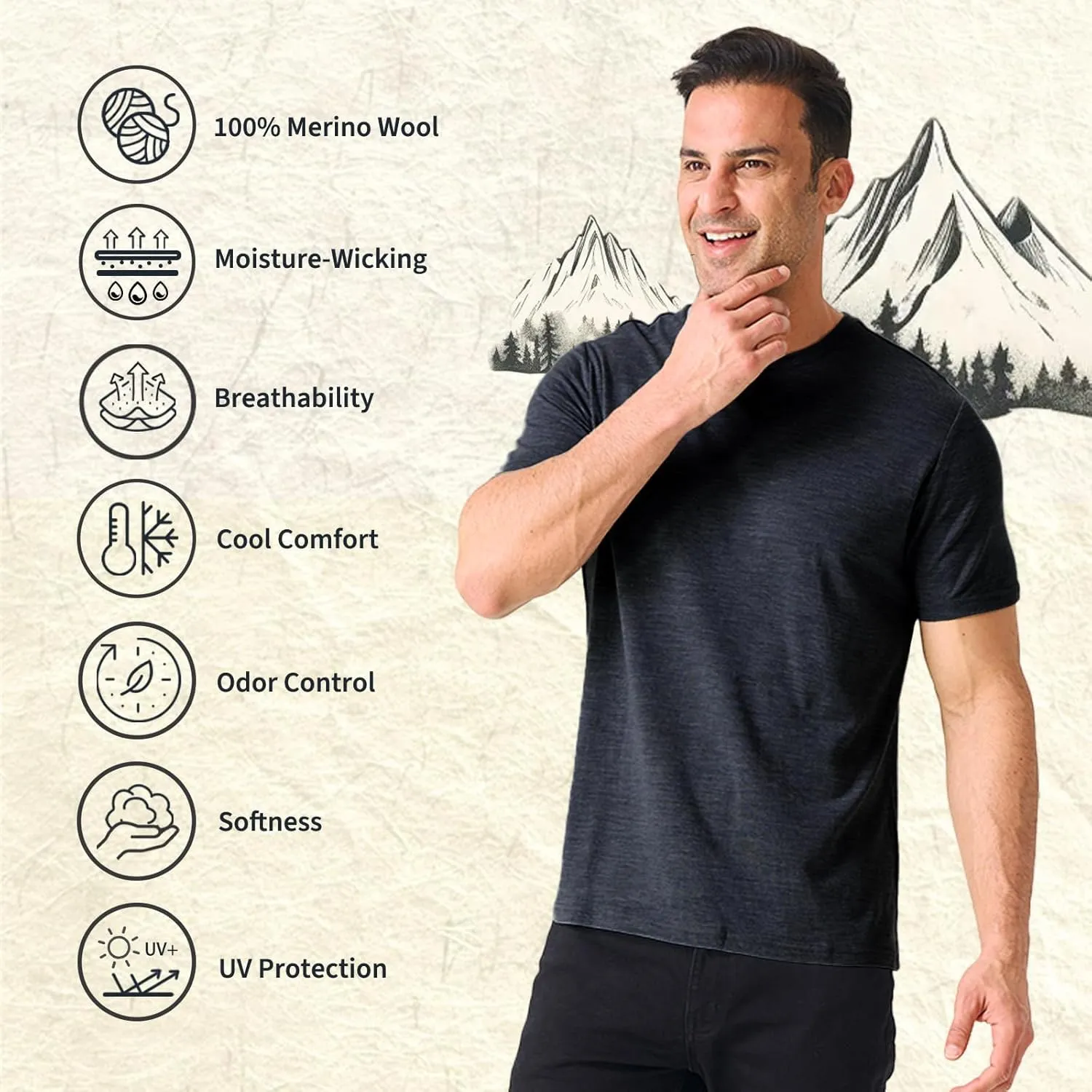 Merino Protect 100% Merino Wool T-Shirt for Men Short Sleeve Slim Fit Undershirt Soft Lightweight Tee Shirt for Travel Hiking