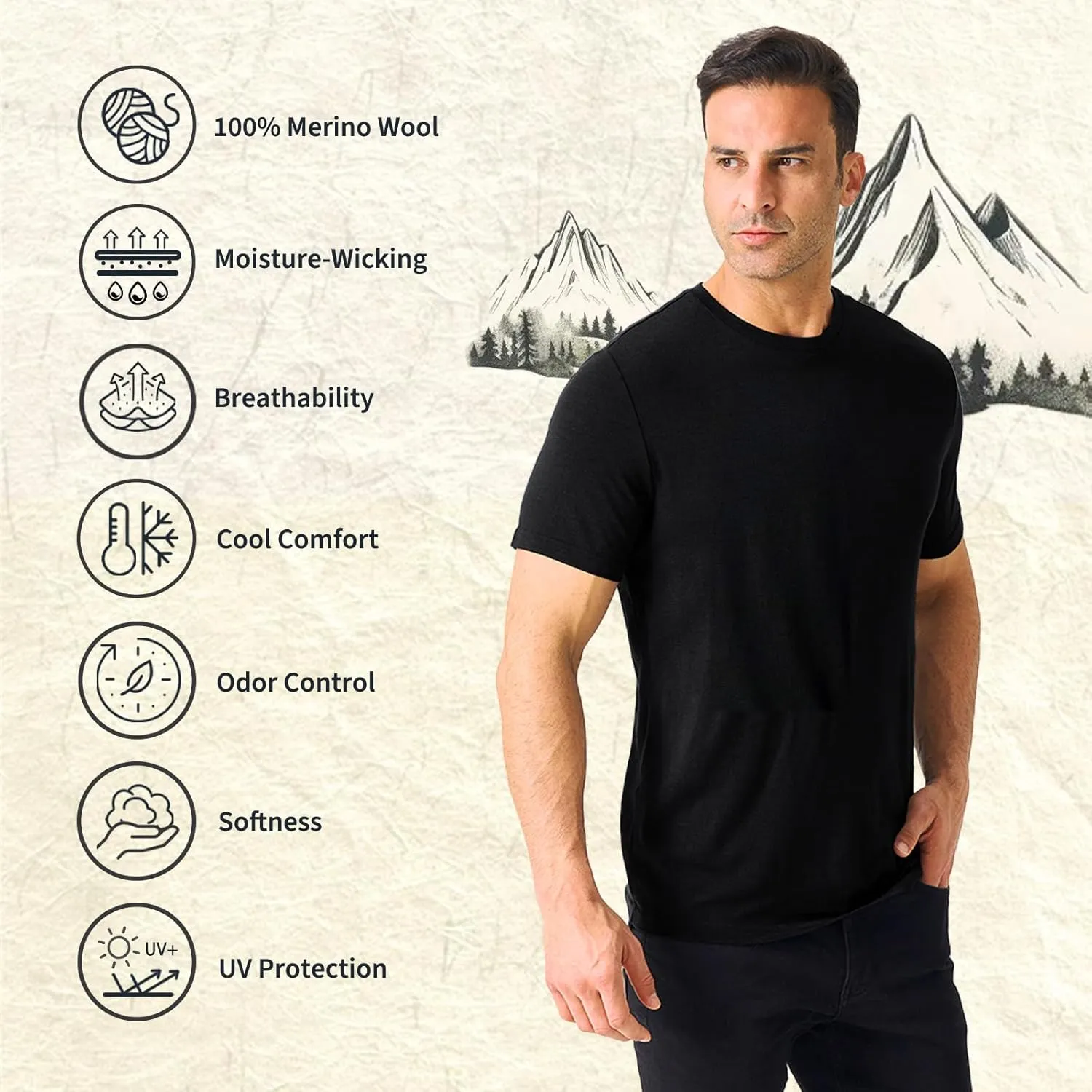 Merino Protect 100% Merino Wool T-Shirt for Men Short Sleeve Slim Fit Undershirt Soft Lightweight Tee Shirt for Travel Hiking