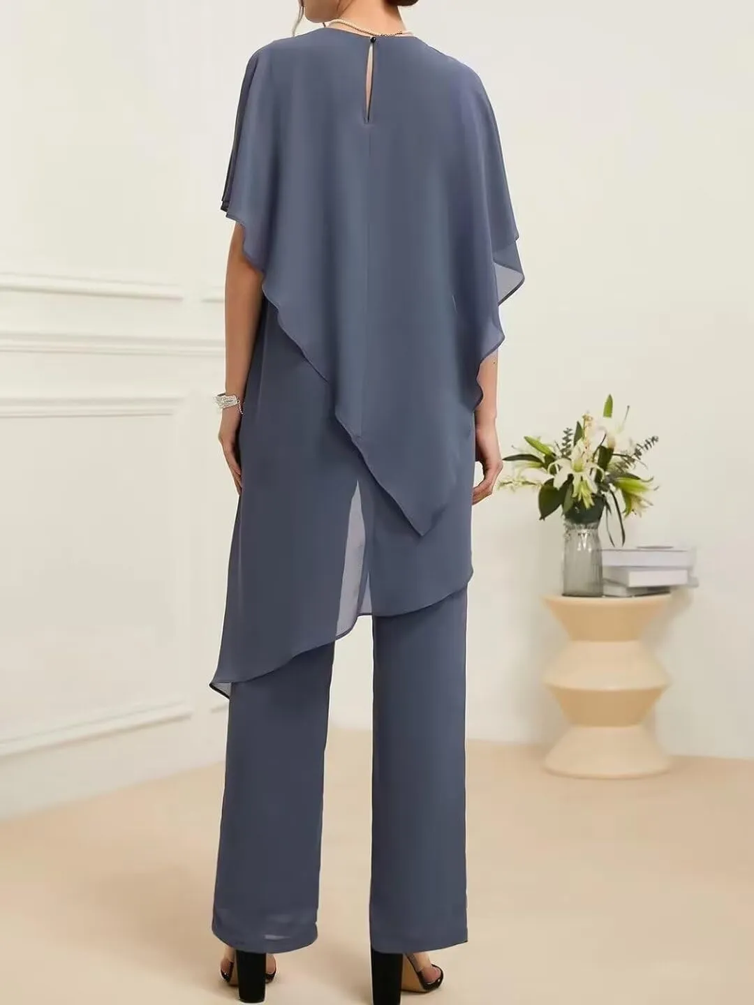 Mother of The Bride Pant Suits 2 Pieces Chiffon Womens Maxi Dress for Wedding