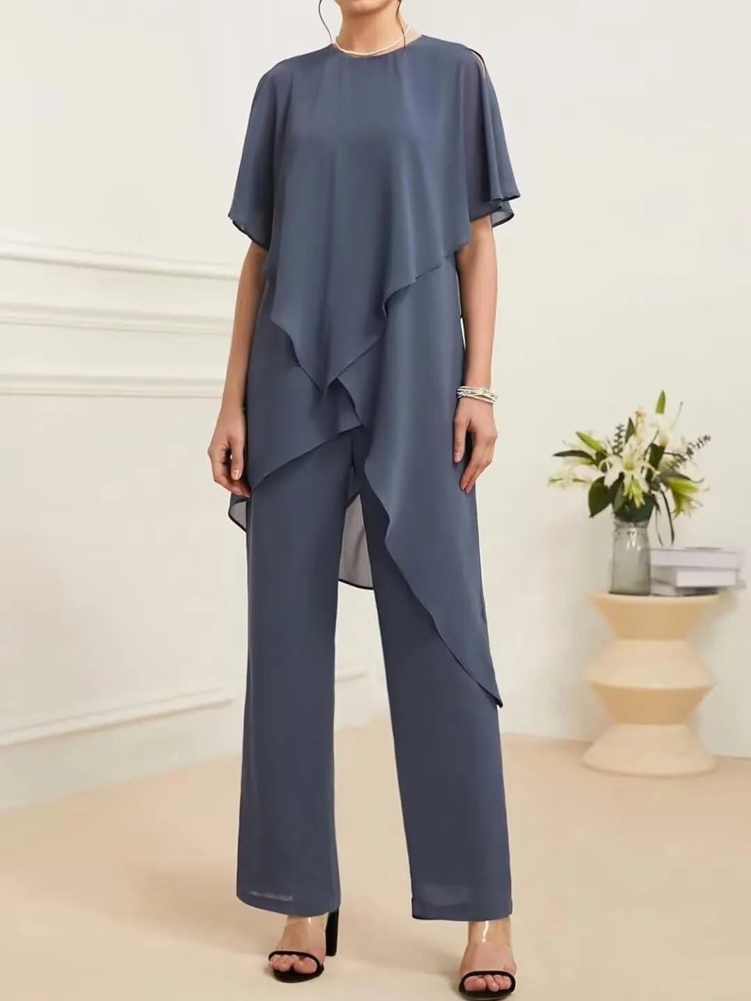 Mother of The Bride Pant Suits 2 Pieces Chiffon Womens Maxi Dress for Wedding