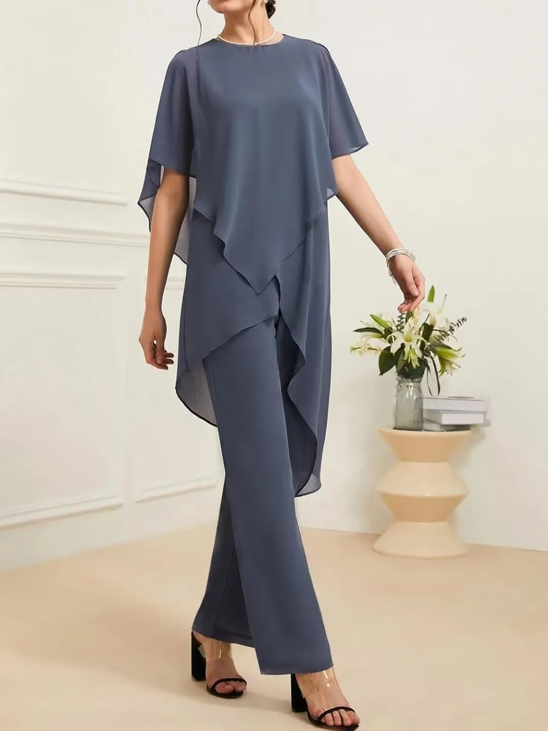 Mother of The Bride Pant Suits 2 Pieces Chiffon Womens Maxi Dress for Wedding