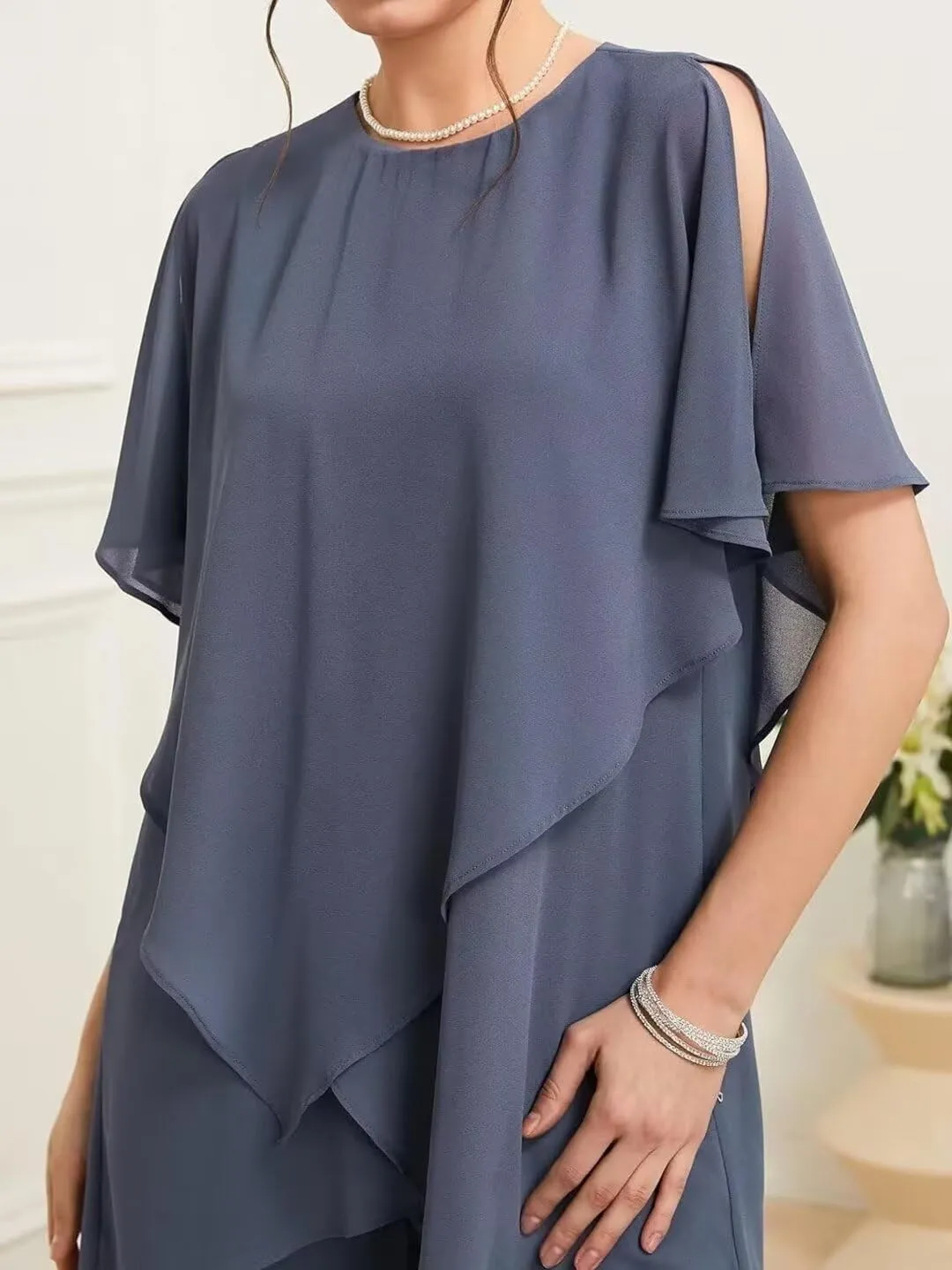 Mother of The Bride Pant Suits 2 Pieces Chiffon Womens Maxi Dress for Wedding