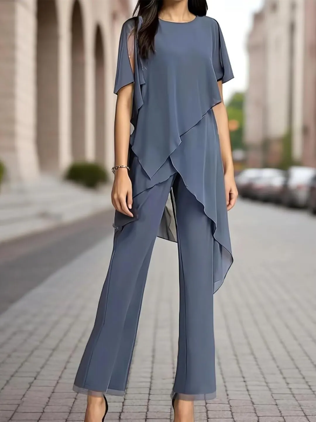 Mother of The Bride Pant Suits 2 Pieces Chiffon Womens Maxi Dress for Wedding